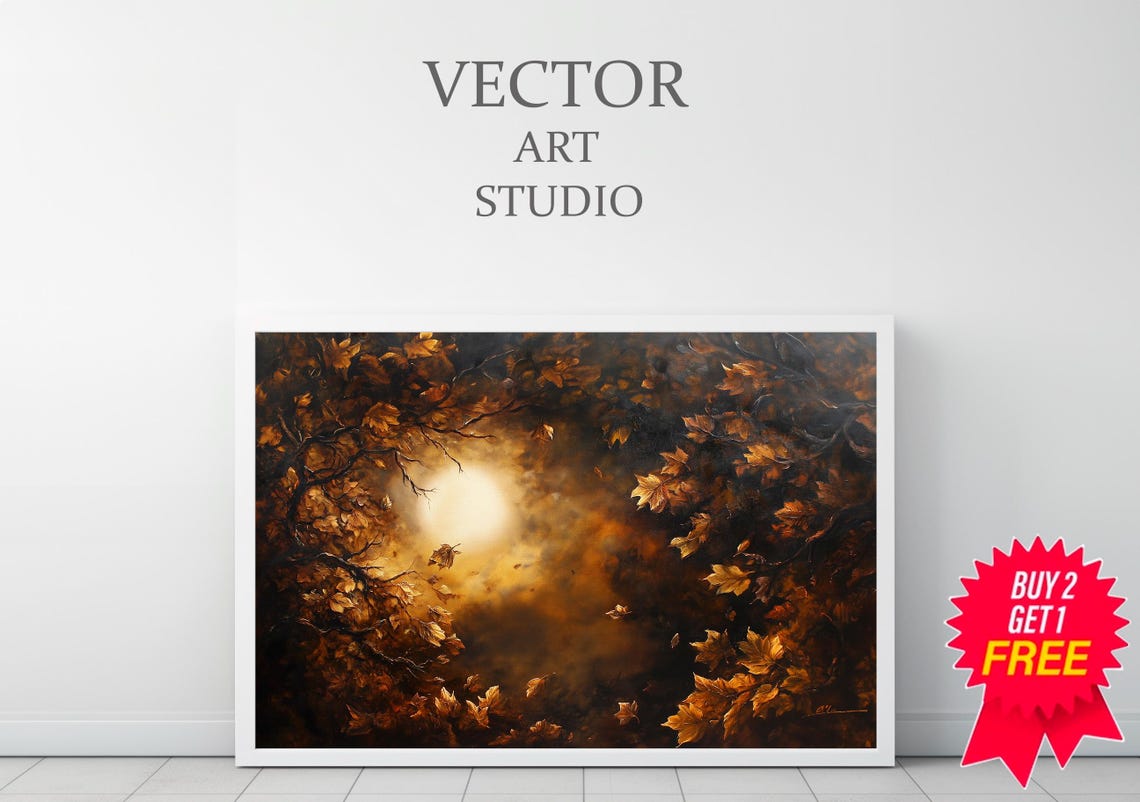 Glowing Moon Through Autumn Leaves Textured Oil Painting Poster - Image 3