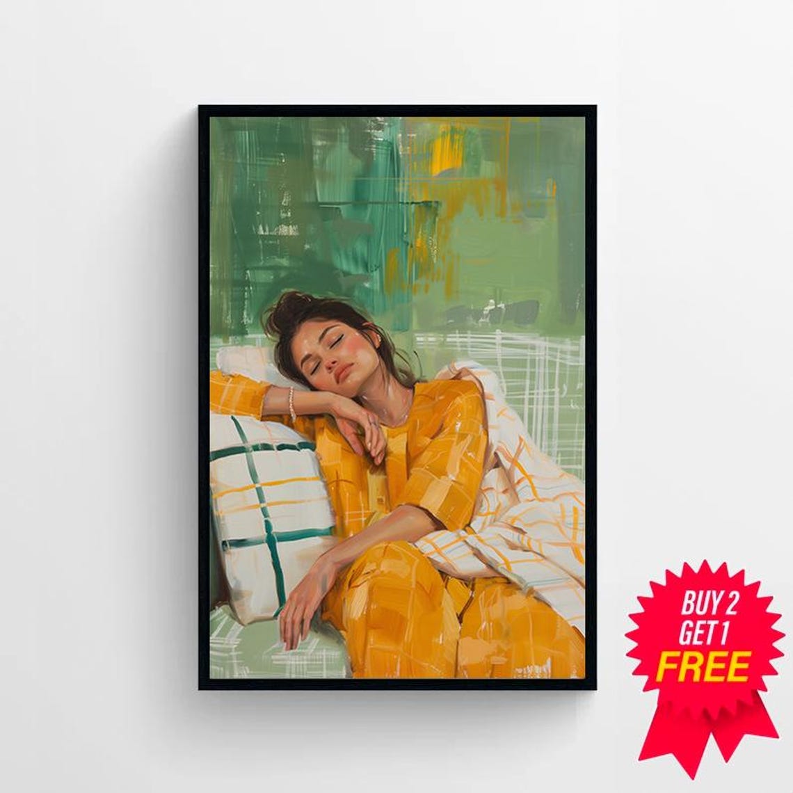 Woman in Mustard Pajamas Resting Peacefully on a Pillow Poster - Image 4