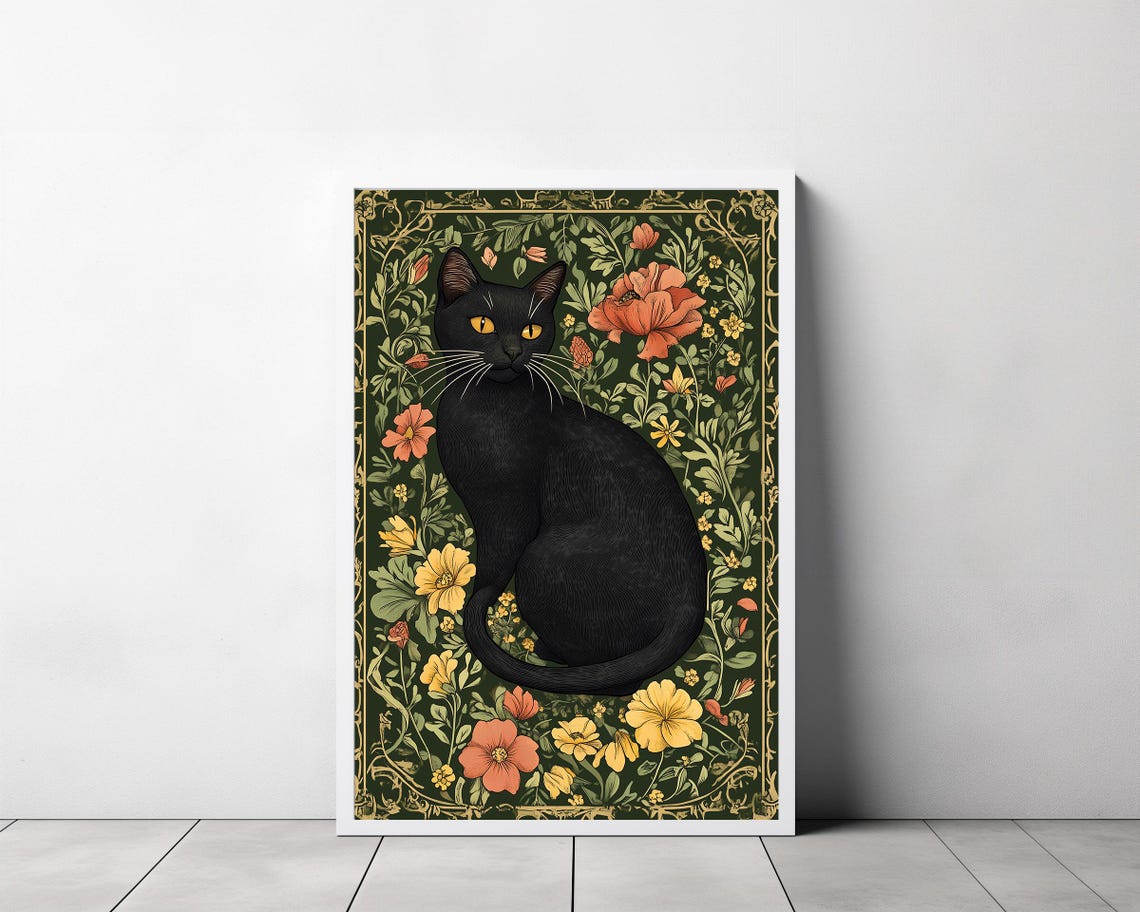 William Morris Style Black Cat among Botanical Flowers Poster - Image 3