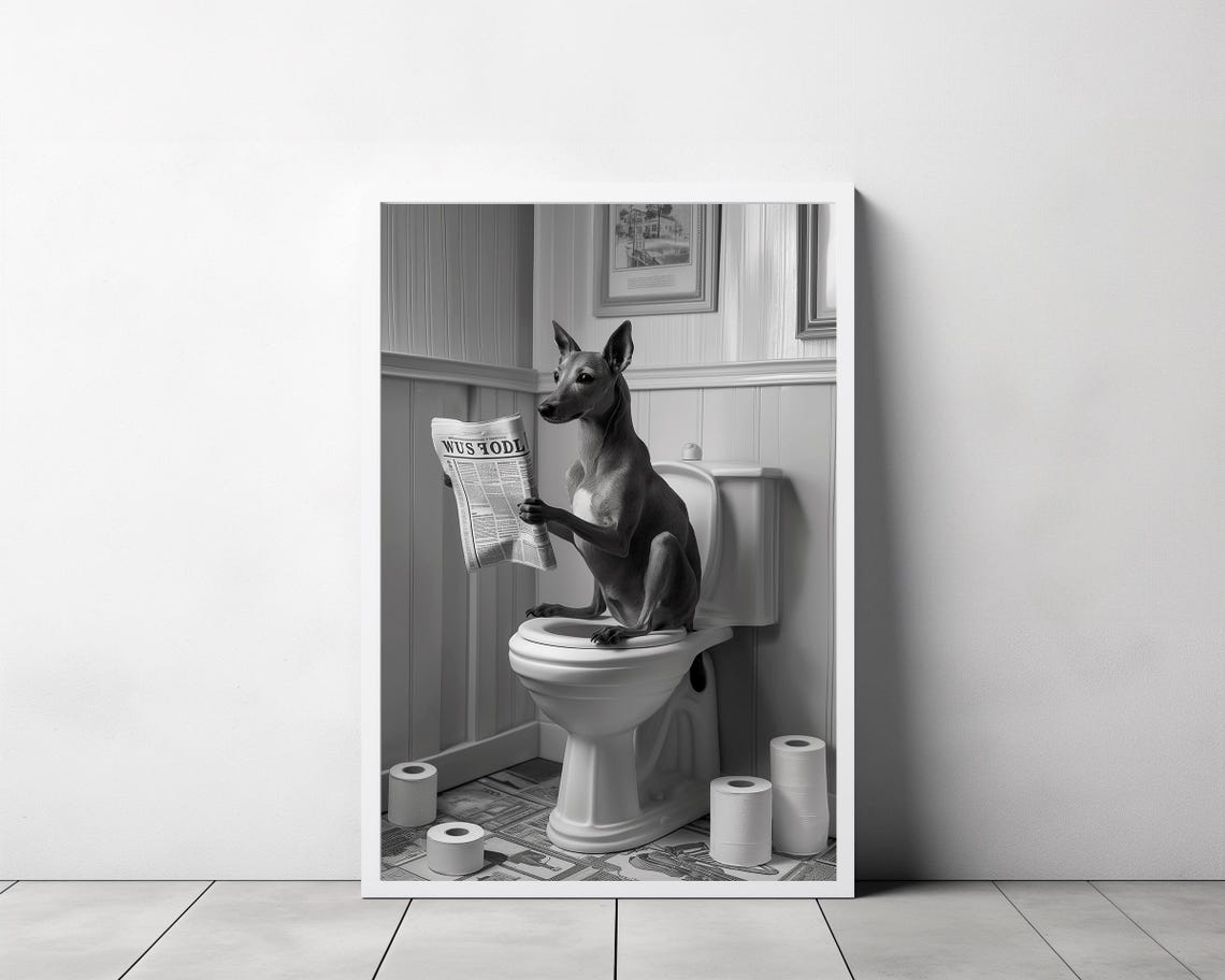 Greyhound Reading The Newspaper On The Toilet Funny B&W Poster - Image 3
