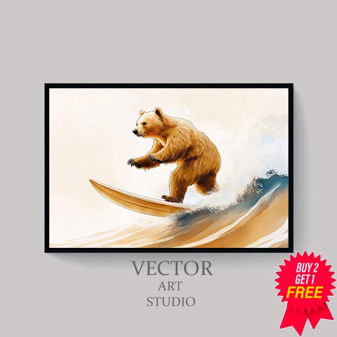 Golden Bear Surfing A Warm Golden Wave On A Surfboard Nursery Wall Art - Image 4