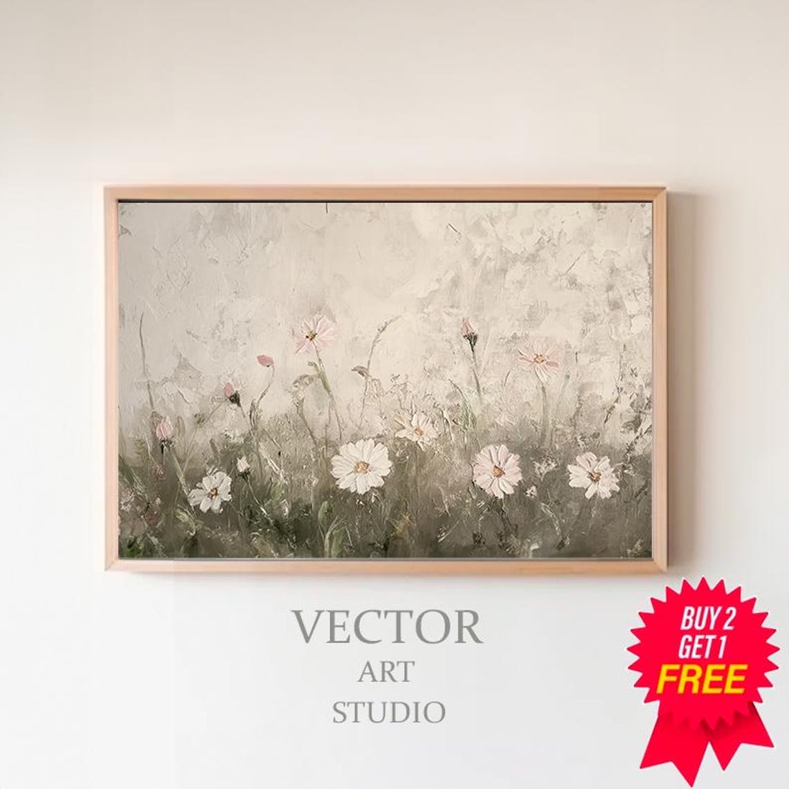 Delicate White Cosmos Flowers on a Soft Textured Beige Canvas Poster