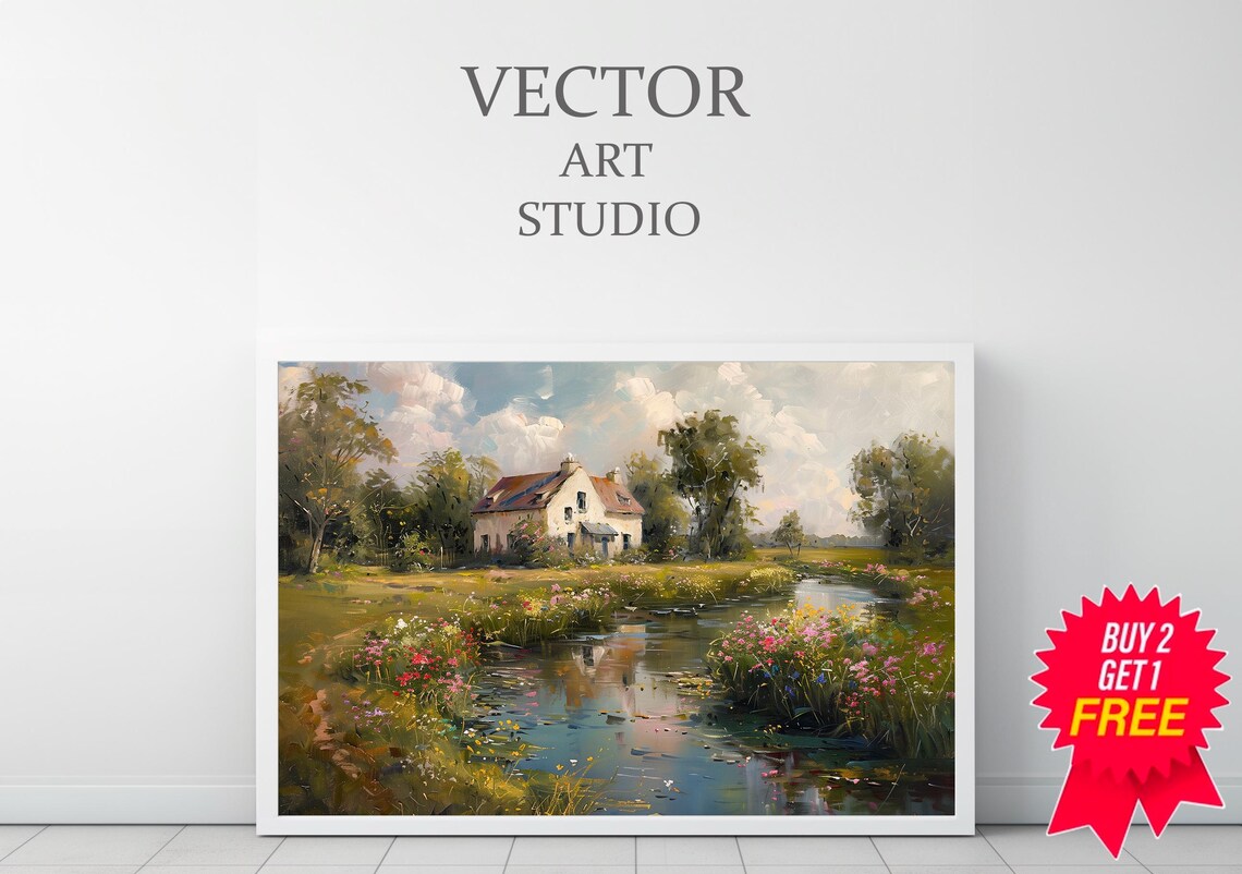 Country Cottage Beside Wildflower Stream Meadow Oil Painting Poster - Image 3