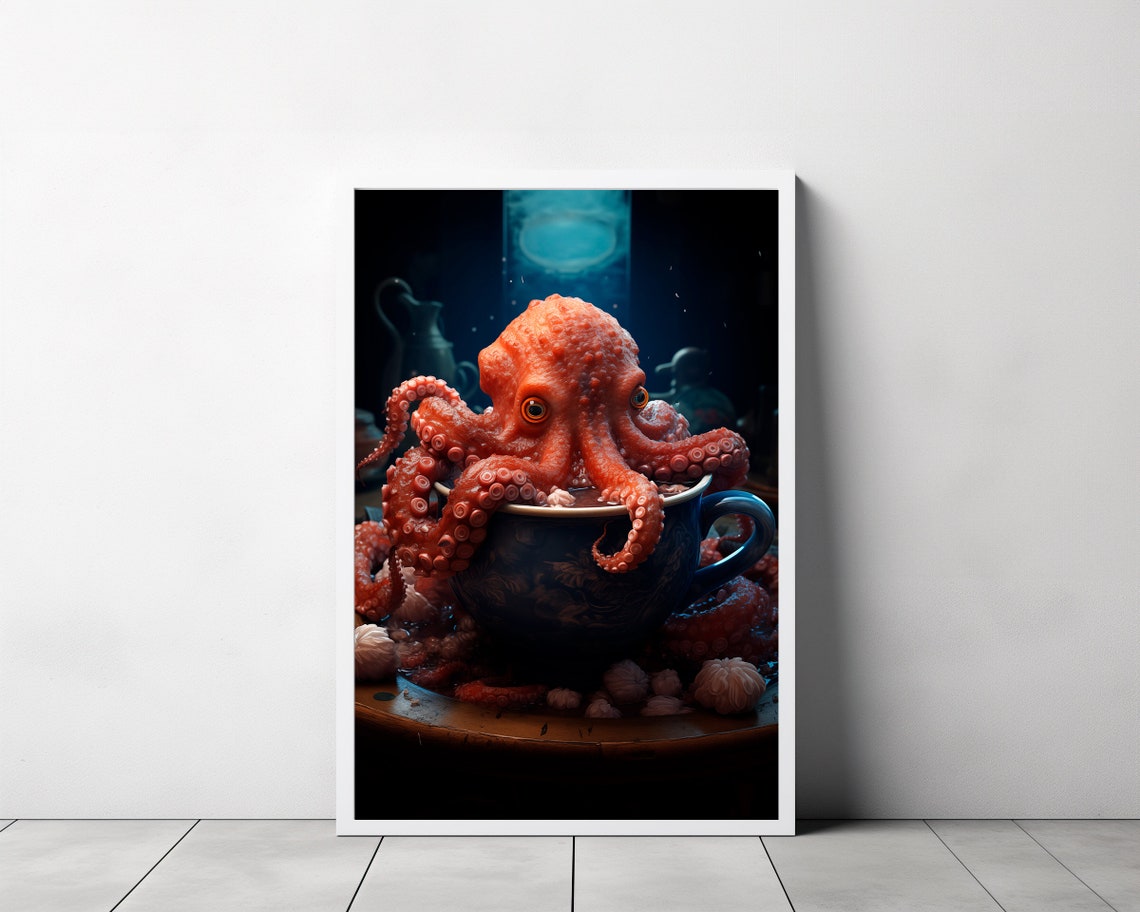 Orange Octopus Perched In A Blue Teacup Moody Kitchen Art Poster - Image 3