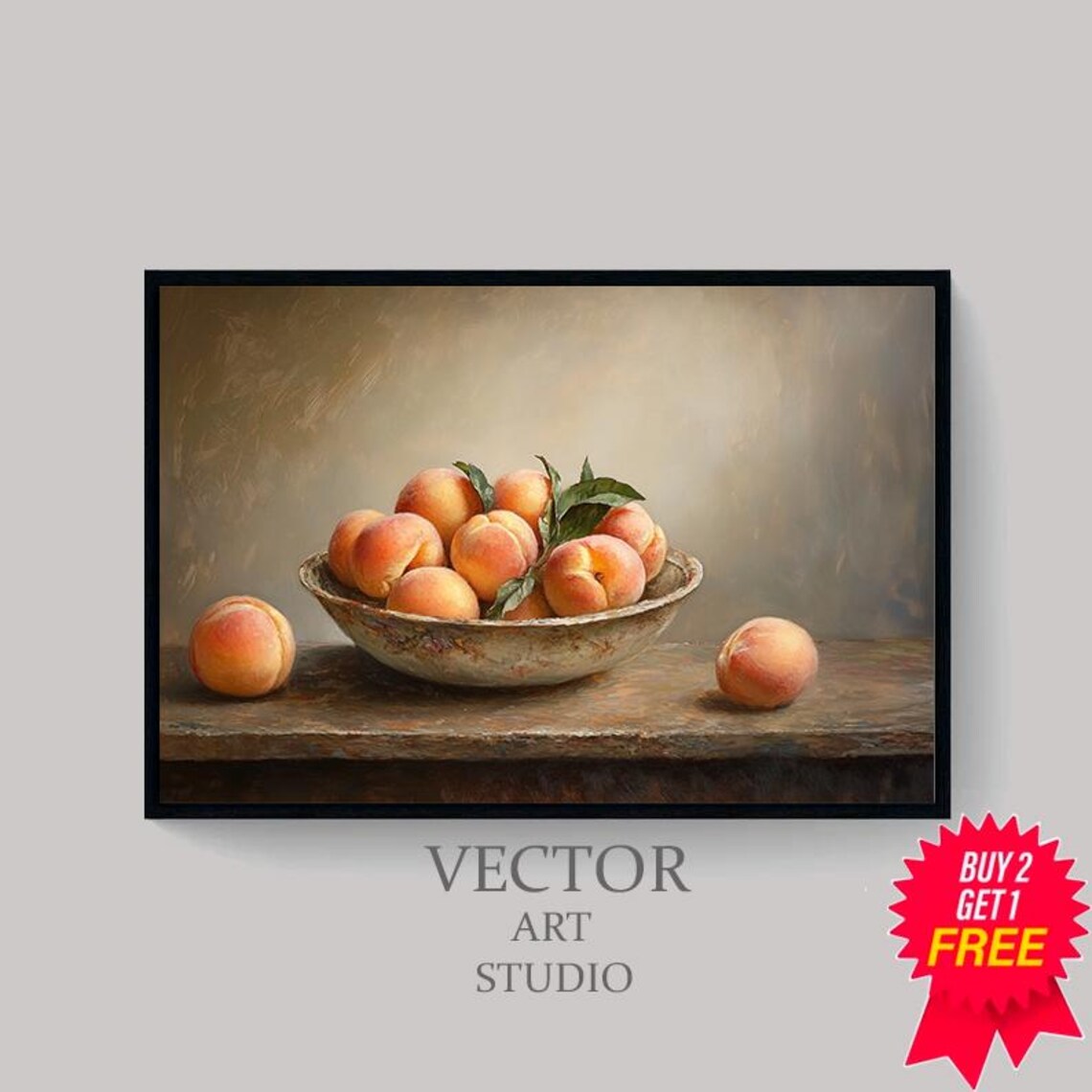 Moody Vintage Fruit Still Life Peaches Oil Painting Collection Tranquil Stillness By Artedya Wall Art - Image 4