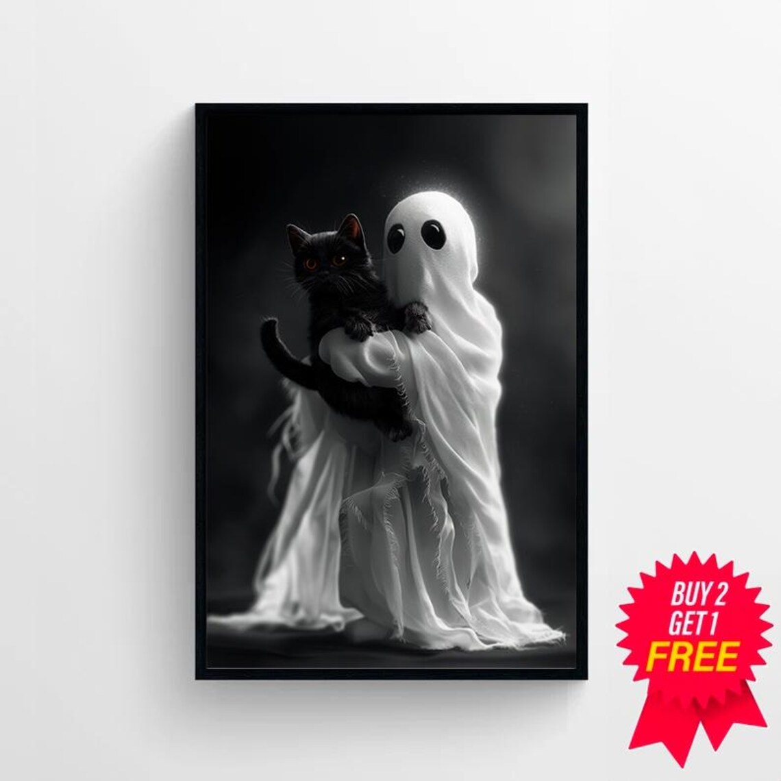 Adorable Sheet Ghost Cuddling Black Cat Dark Background Halloween Poster - Image 4
