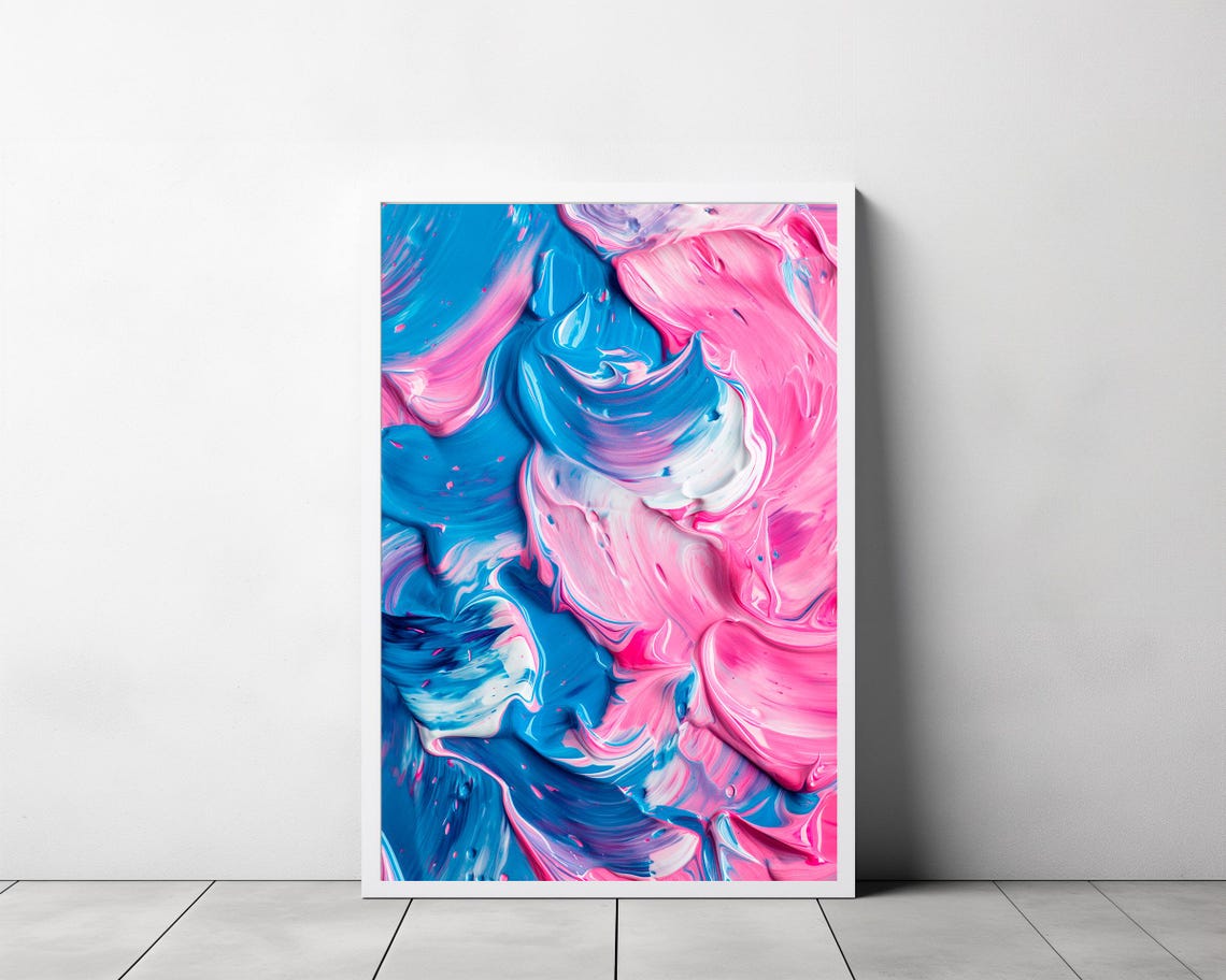 Bold Blue and Pink Swirled Abstract Impasto Oil Painting Wall Art - Image 3