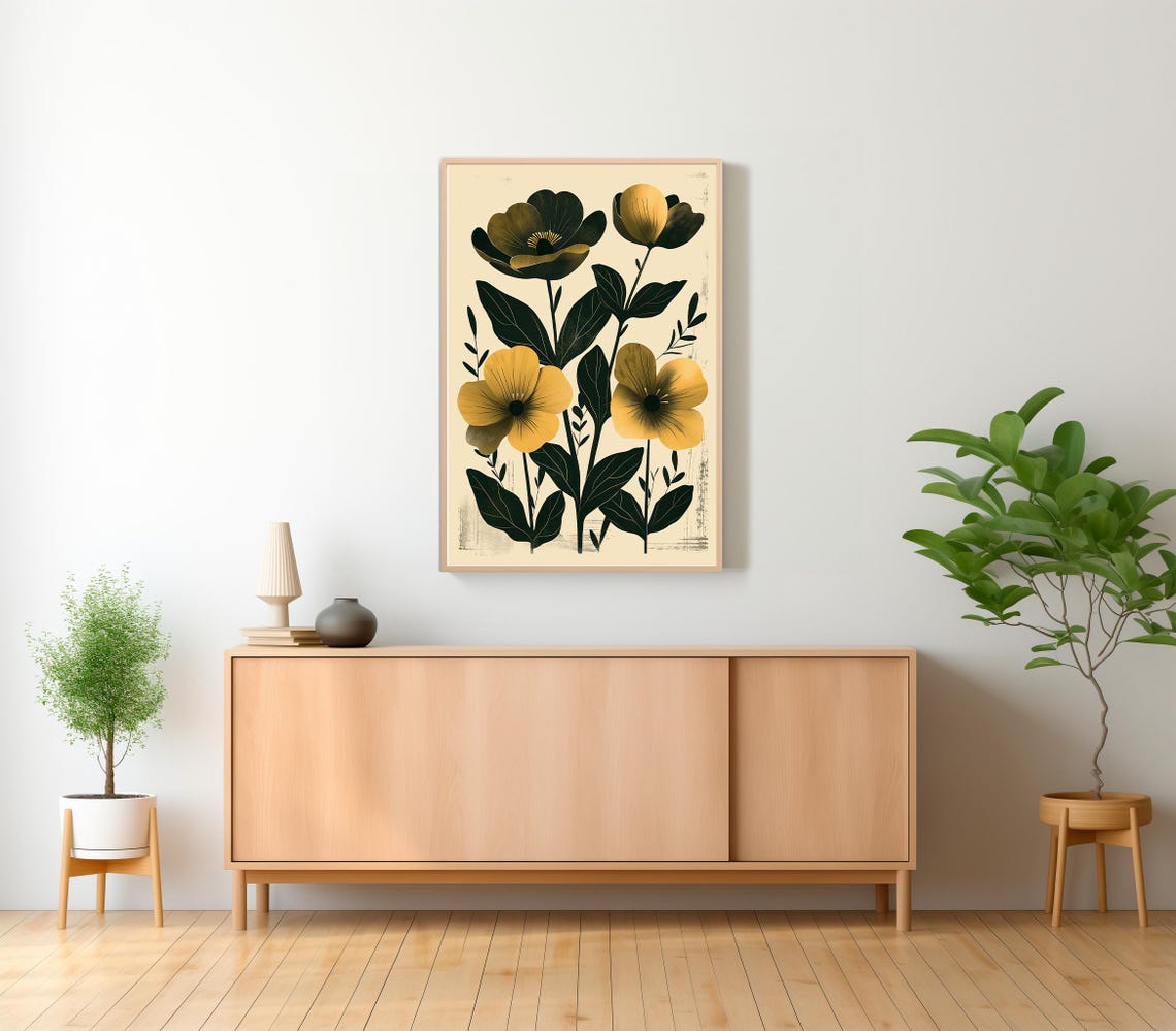 Boho Mustard Bloom Botanical Folk Art Cream Background Poster - Image 2