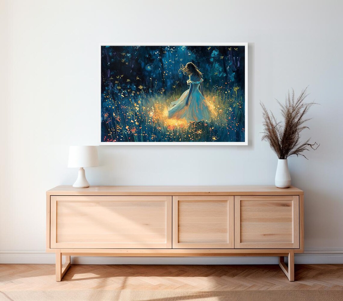 Woman in Blue Dress Dancing in Night Wildflower Meadow Poster - Image 2