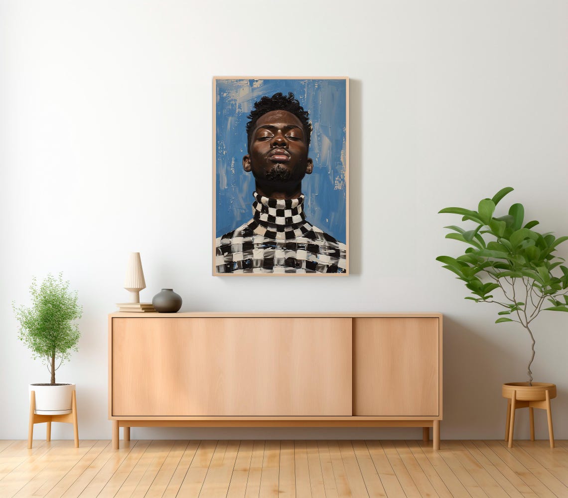 Portrait of a Man in a Checkered Turtleneck on Blue Backdrop Poster - Image 2