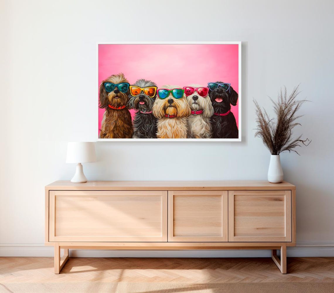 Dopamine Summer Frame Tv Art Cute Dogs In Sunglasses Maximalist Oil Painting Bright Pastel Preppy Pink Tv Funny Pet Colorful Picture - Image 2