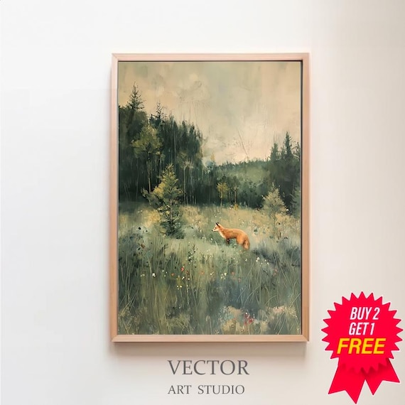 Red Fox Standing In A Misty Woodland Meadow Vintage Oil Painting Poster