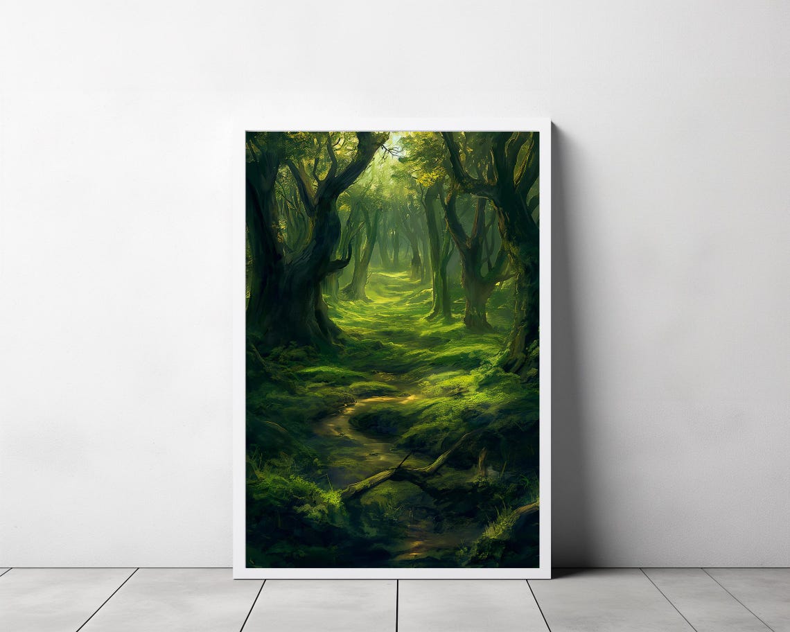 Mossy Enchanted Forest Trail Lit By Sunlight Over Stream Poster - Image 3