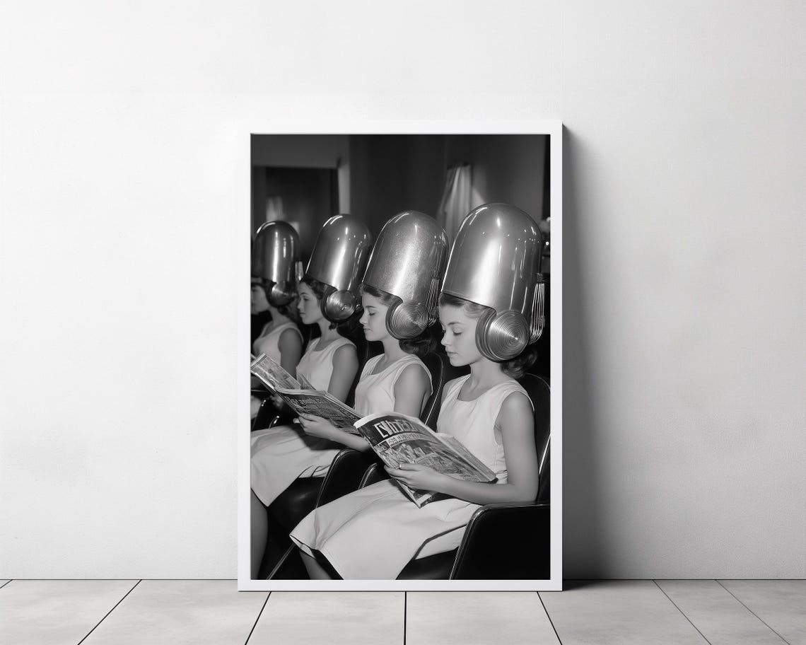 Ladies Under Vintage Salon Hair Dryers Black and White Photo Print - Image 3