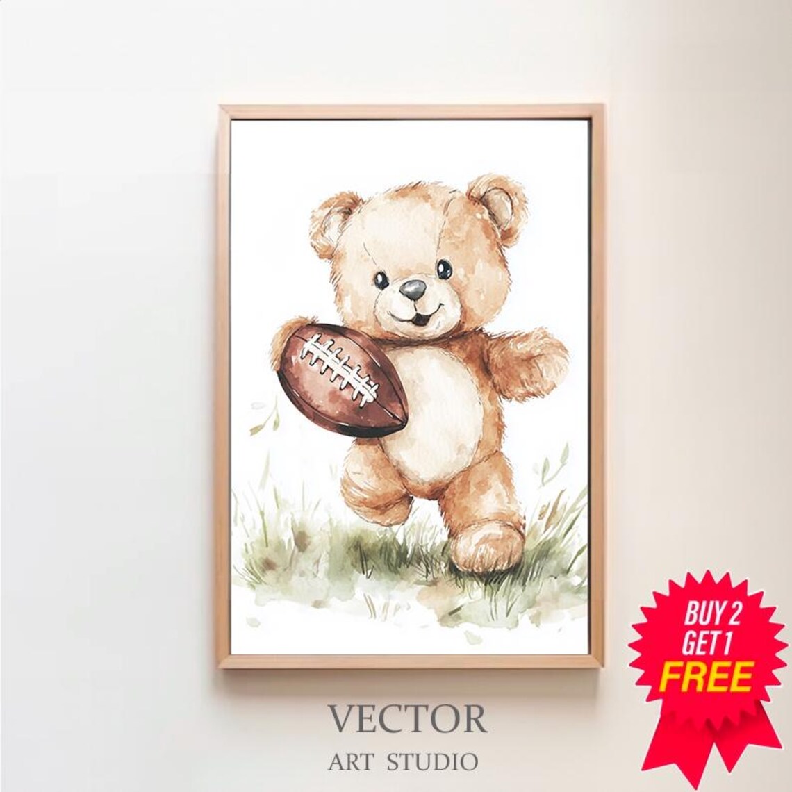 Teddy Bear Holding Football Watercolor Cute Nursery Sports Poster