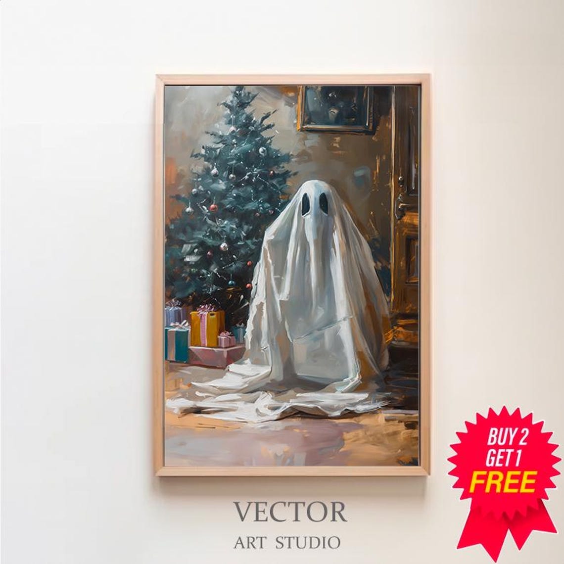 Sheet Ghost By Christmas Tree Grey Holiday Vintage Decor Poster