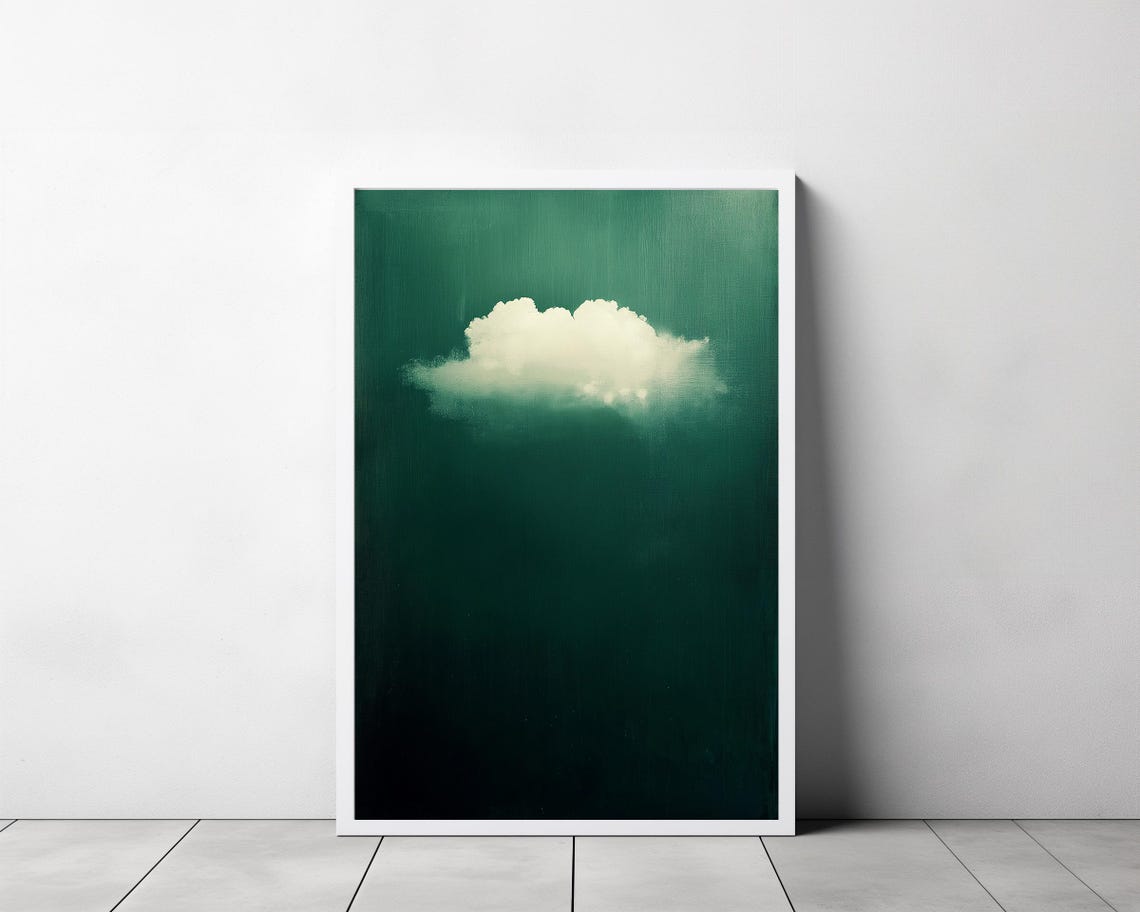 Minimalist White Cloud Floating on Deep Emerald Green Art Poster - Image 3