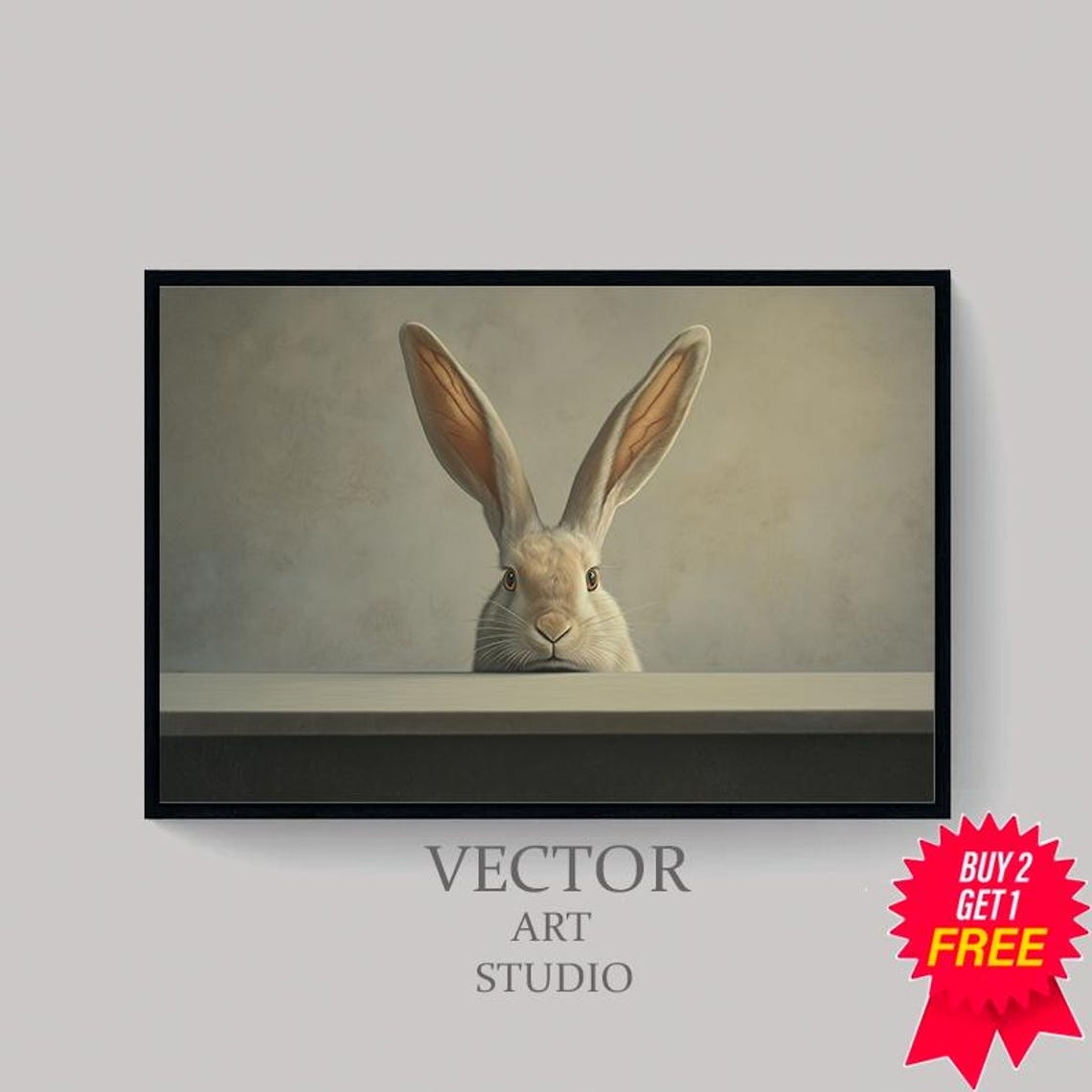 Cream Bunny with Tall Ears Peeking Over a Wooden Ledge Poster - Image 4