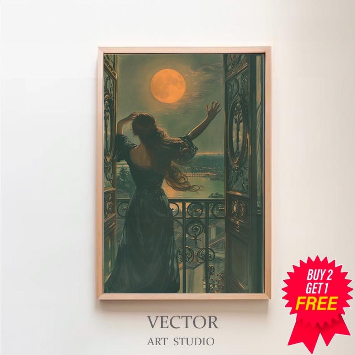 Woman Reaching for a Giant Orange Moon From a Balcony Vintage Poster
