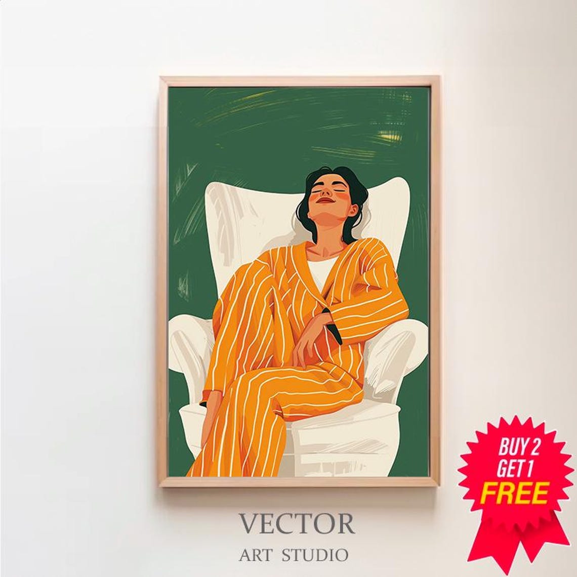 Stylish Woman Relaxing in Striped Pajamas Modern Lounge Poster