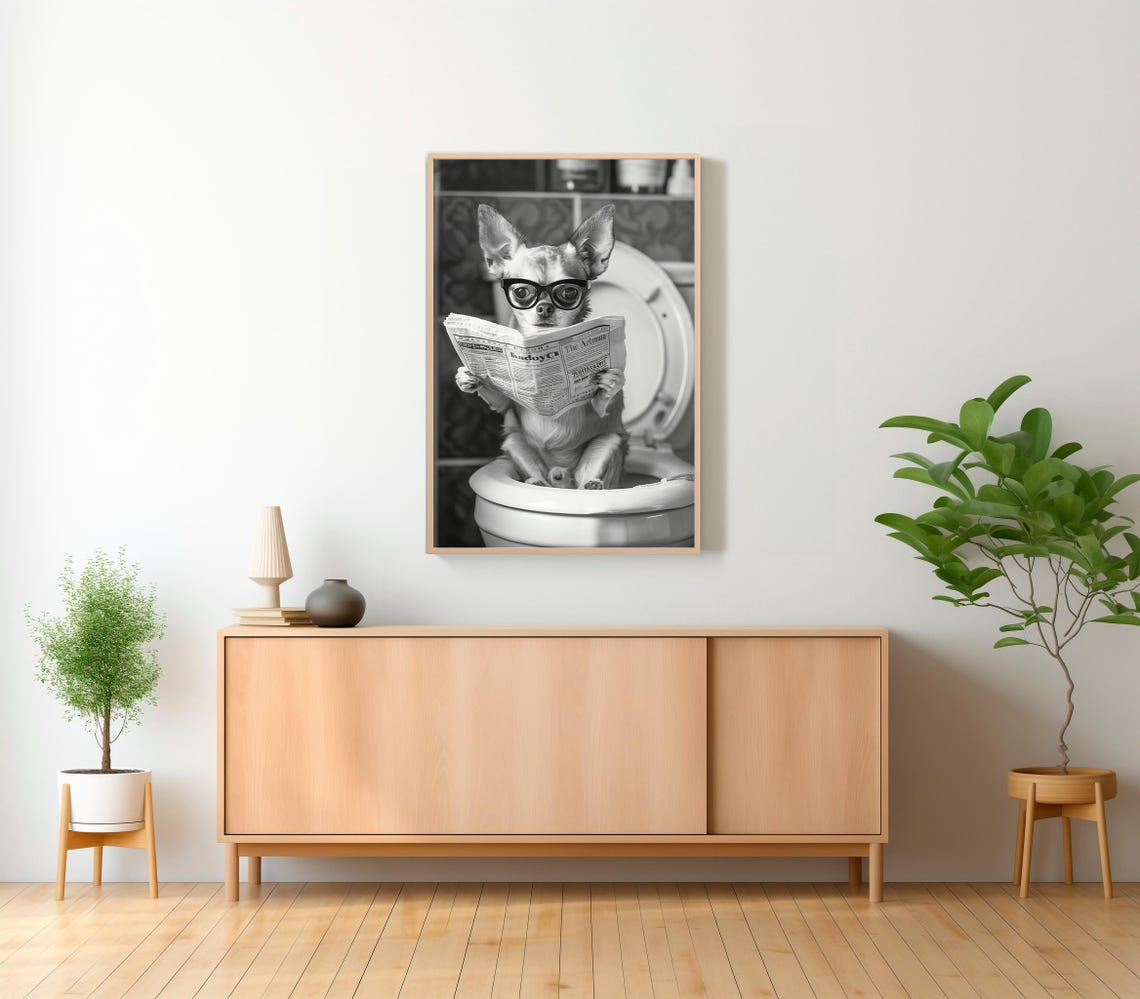 Funny Chihuahua With Glasses Reading Newspaper On Toilet Poster - Image 2