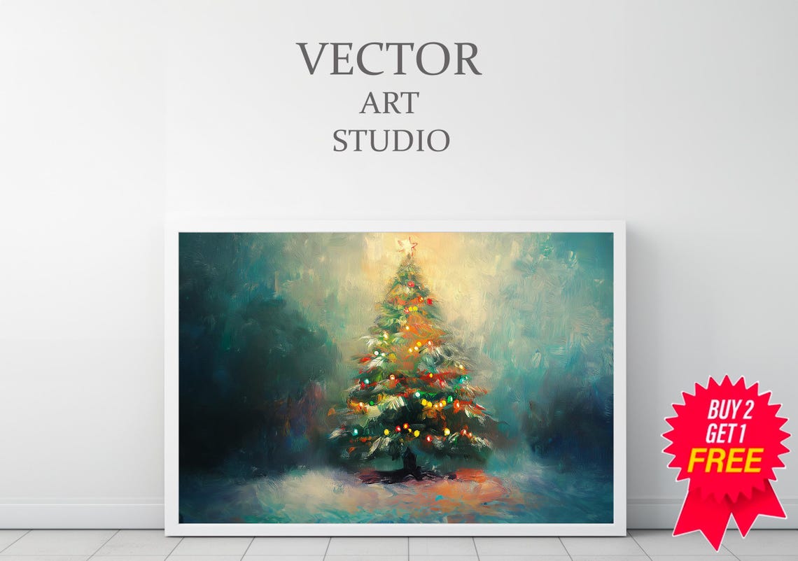 Snowy Christmas Tree with Glowing Lights in a Painterly Winter Poster - Image 4