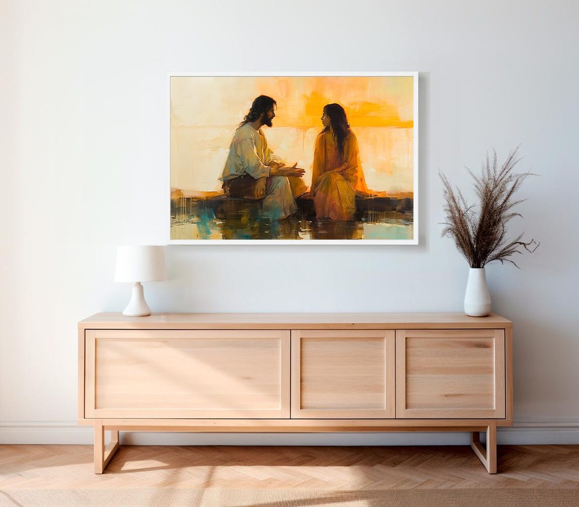 Jesus and Woman Talking by the Water at Sunset Christian Poster - Image 2