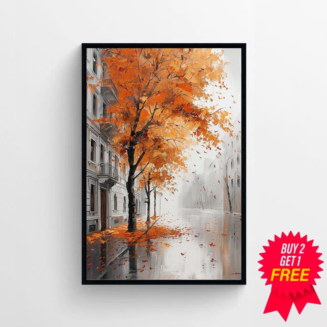 Impressionist Autumn City Street with a Blazing Orange Tree Poster - Image 4