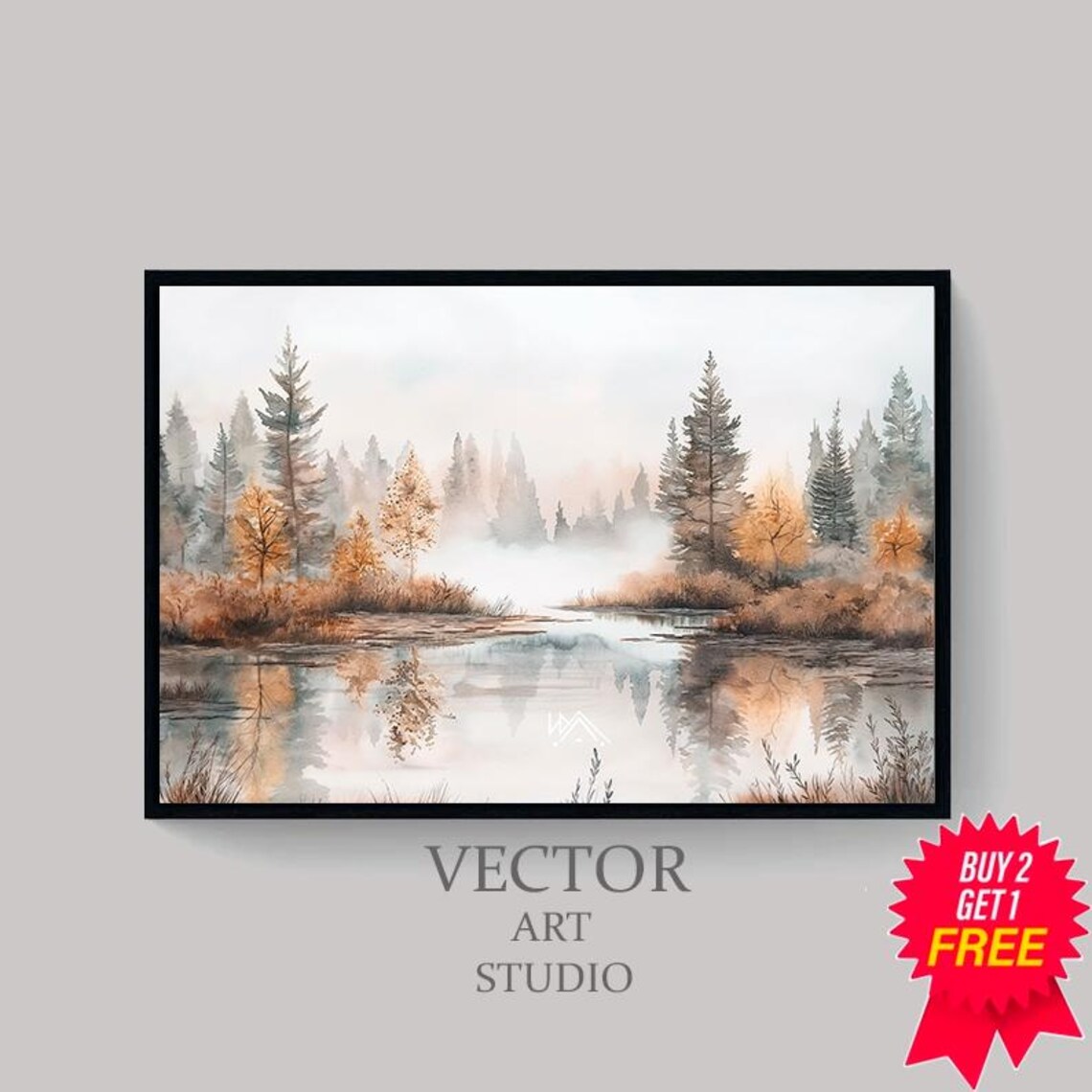 Misty Autumn Lake Watercolor With Golden Forest Reflection Wall Art - Image 4