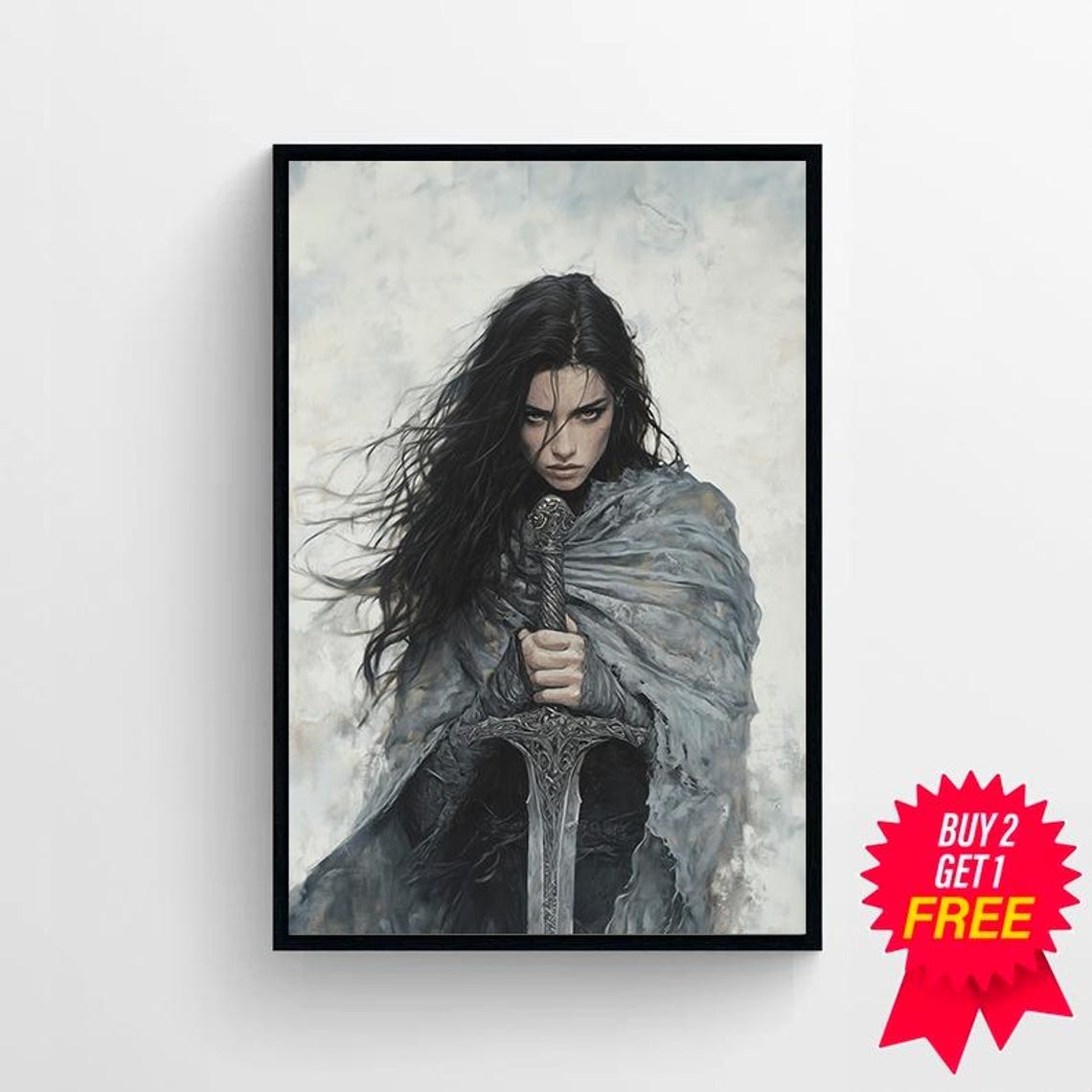 Hecate Dark Sorceress Leaning on Sword Gray Cloak Portrait Poster - Image 4