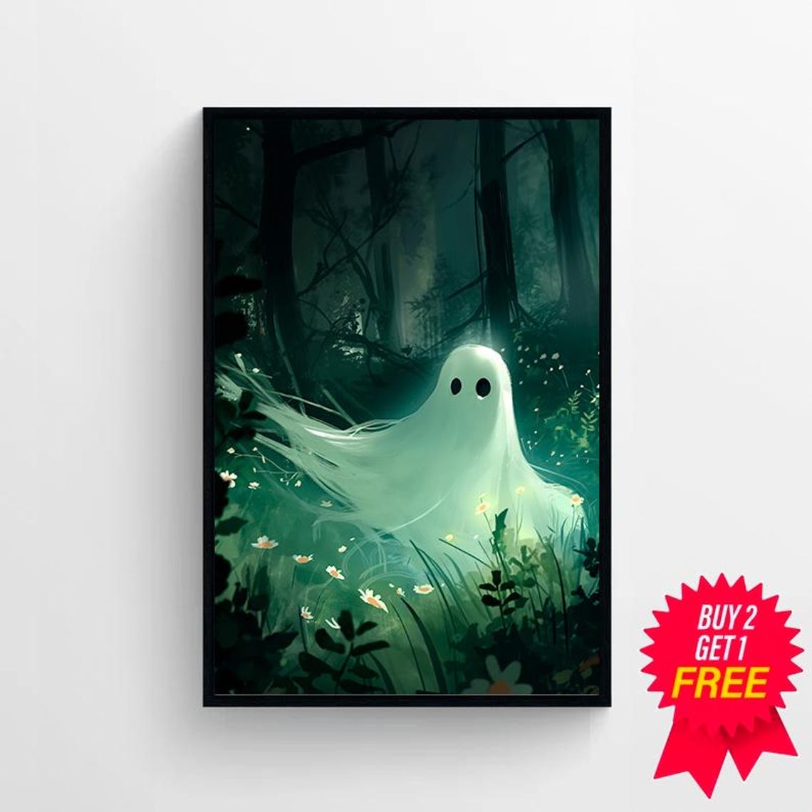 Glowing Ghost Gliding Through Dark Forest Wildflowers Poster - Image 4