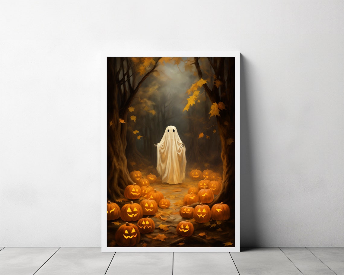 Ghost Among Glowing Jack O Lanterns Misty Woods Halloween Poster - Image 3