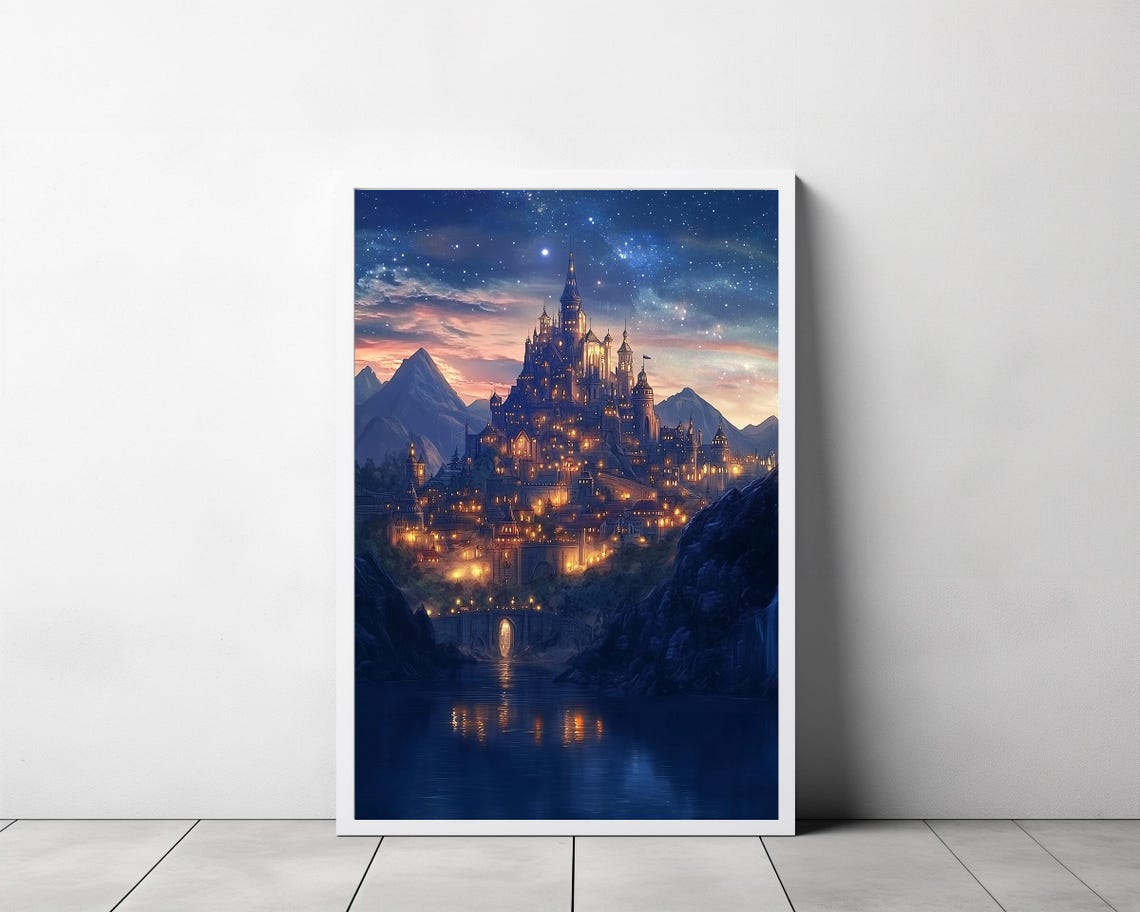 Starlit Castle Town With River Reflection Sunset Fantasy Poster - Image 3