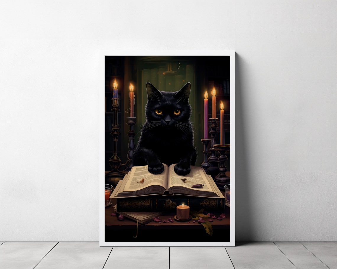 Black Cat Reading an Open Book by Candlelight in Library Poster - Image 3