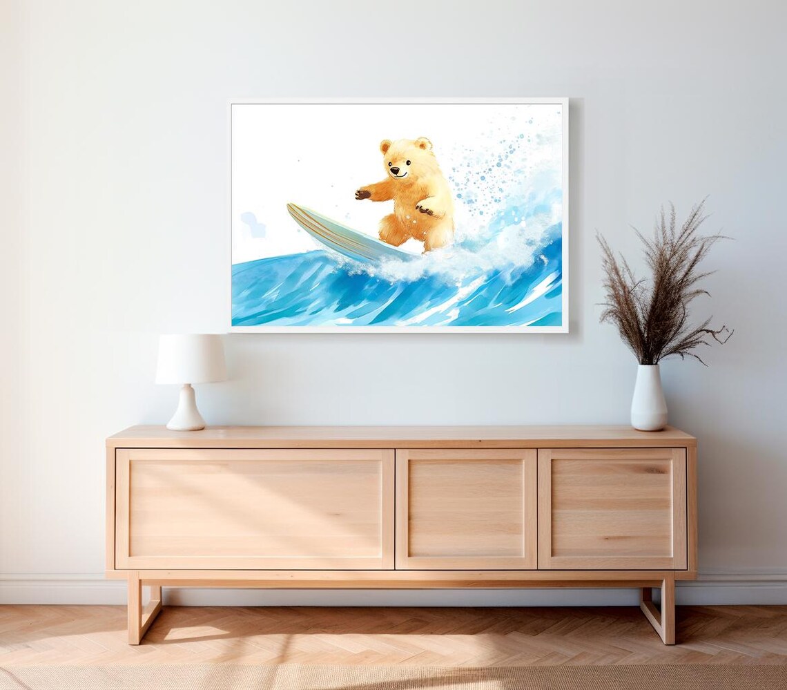 Happy Teddy Bear Surfing A Bright Blue Wave On His Surfboard Nursery Print - Image 2