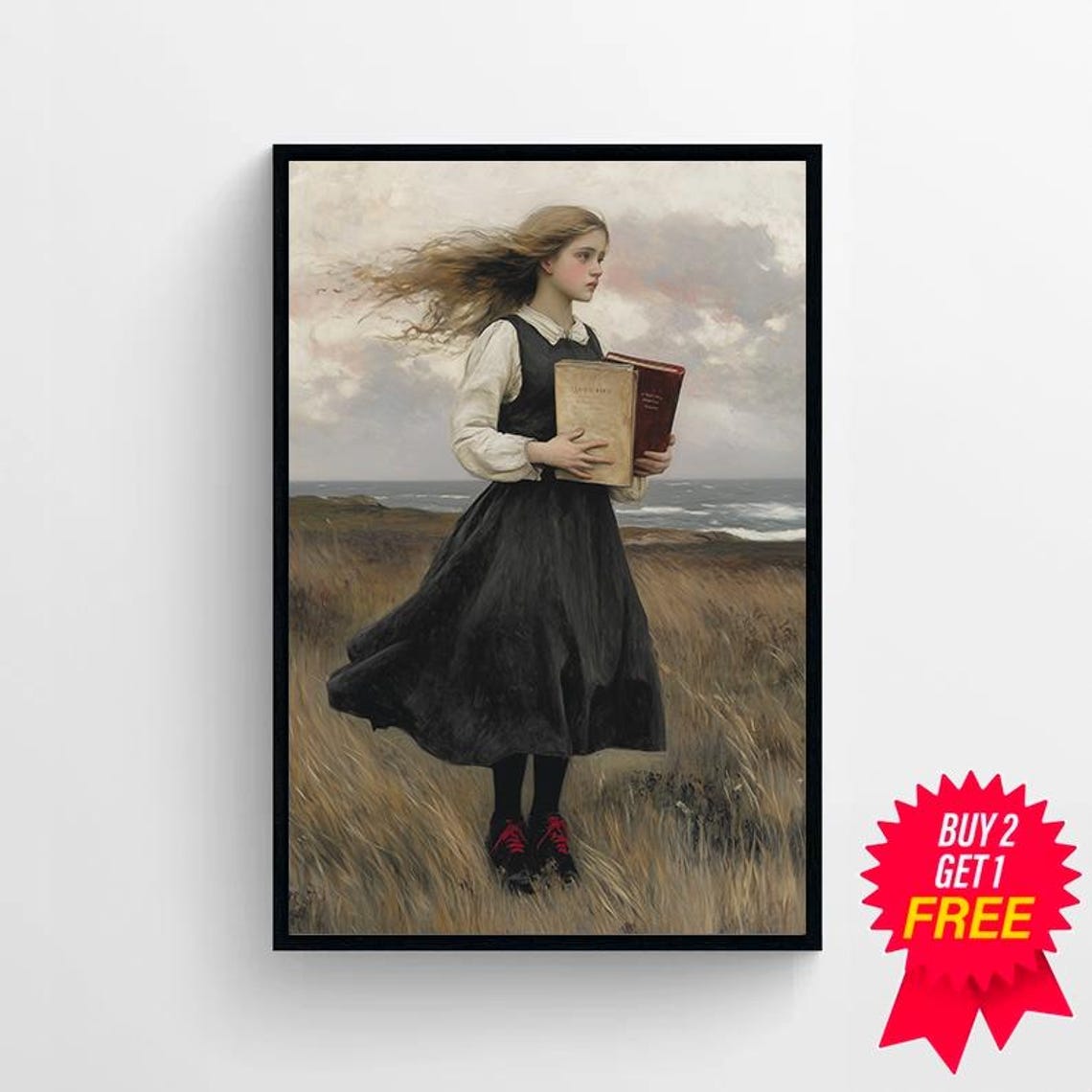 Windblown Girl With Books On Stormy Coastal Moor Dark Art Poster - Image 4