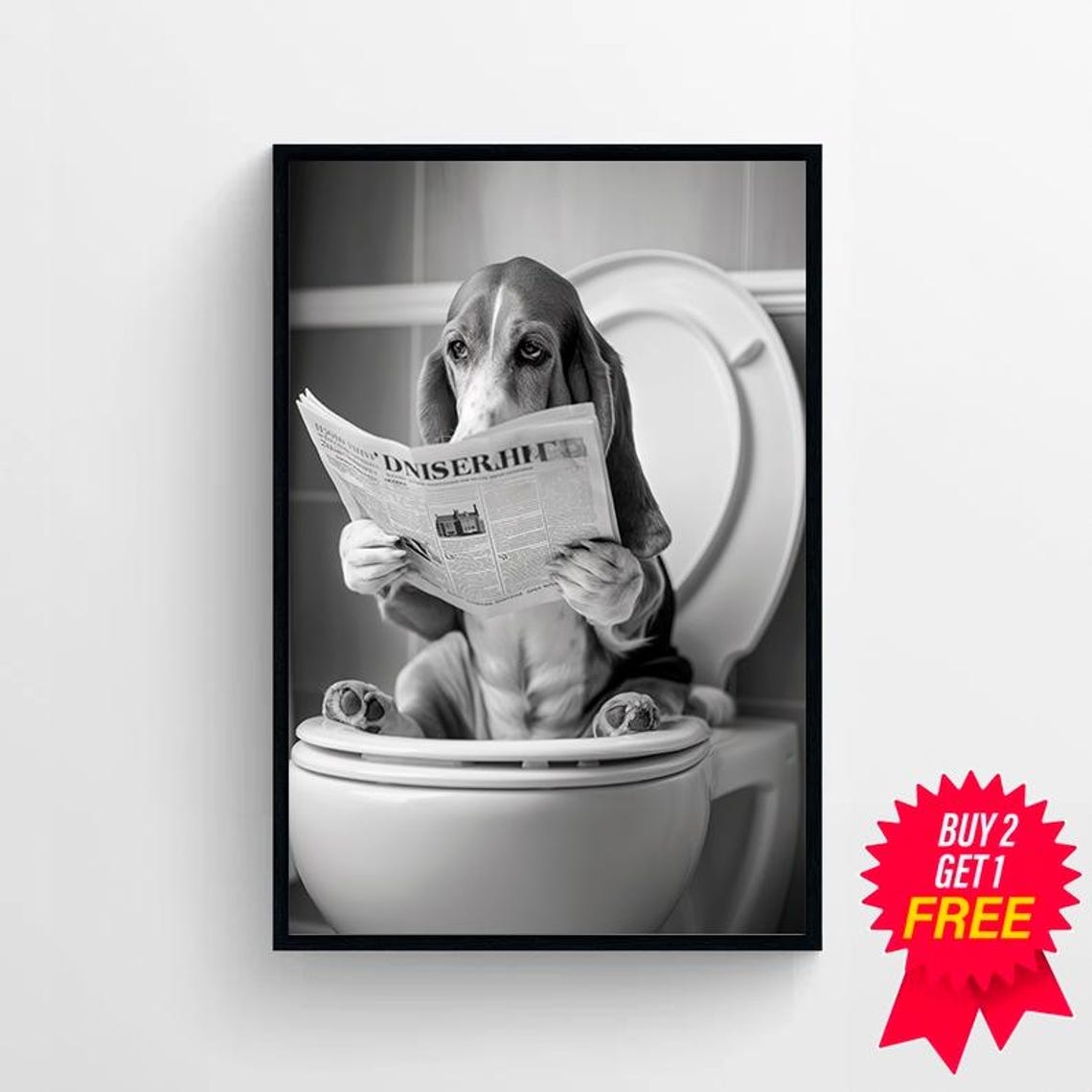 Basset Hound Reading Newspaper on Toilet Funny Bathroom Poster - Image 4