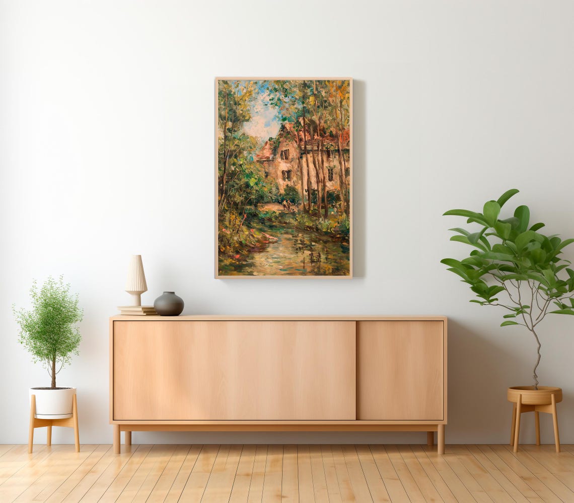 Spring Country Oil Painting Vintage Stream Landscape Print Rustic Farmhouse Cottage Print Art Art - Image 2