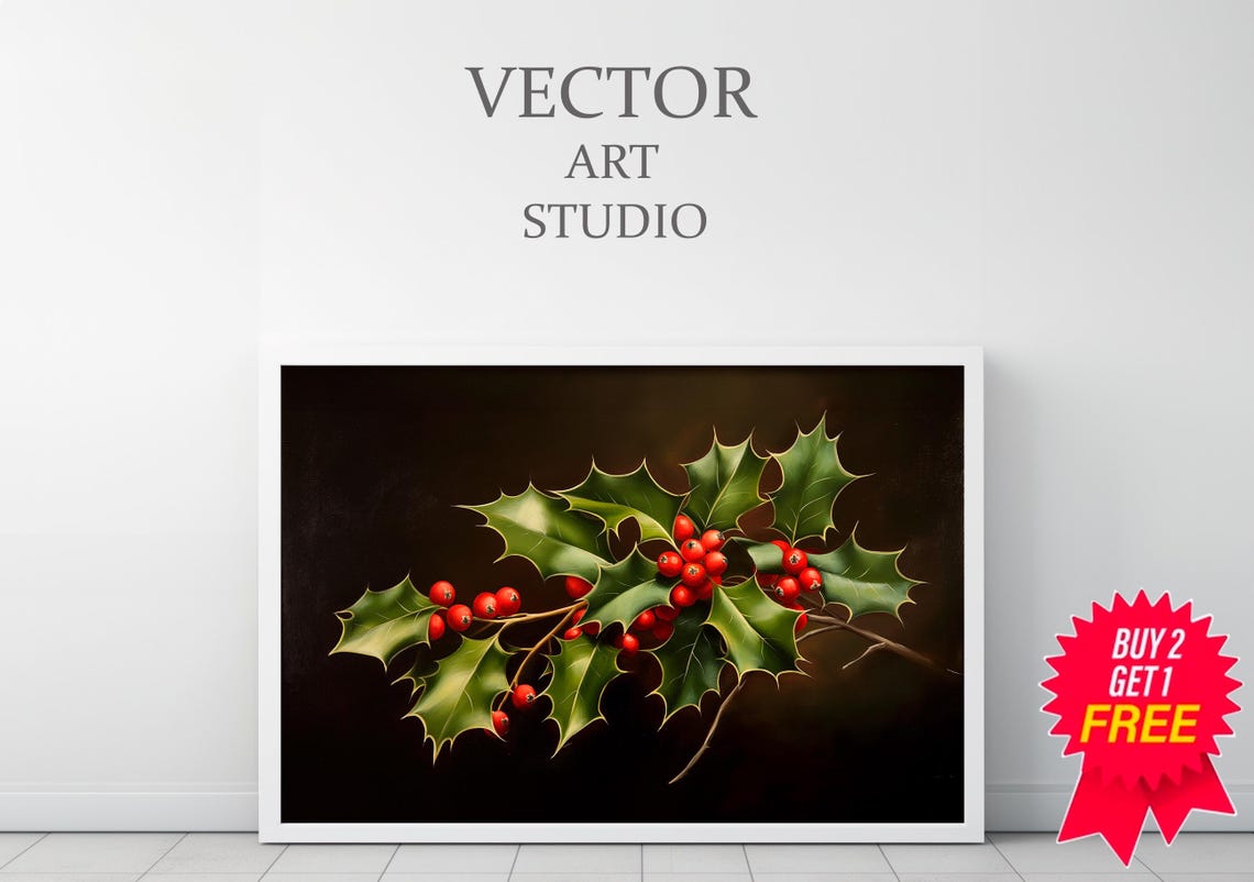 Glossy Holly Leaves And Red Berries On Deep Dark Botanical Poster - Image 3
