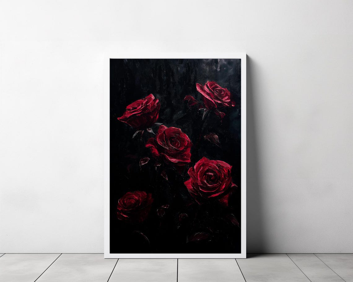 Moody Red Roses on a Black Background Gothic Dark Floral Wall Art - Image 3
