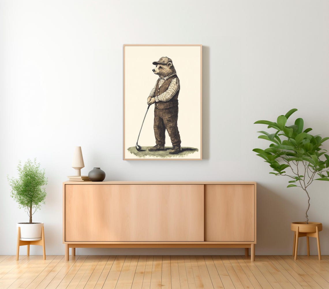 Vintage Bear Golfer in Plaid Vest Illustrated Wall Decor Poster - Image 2