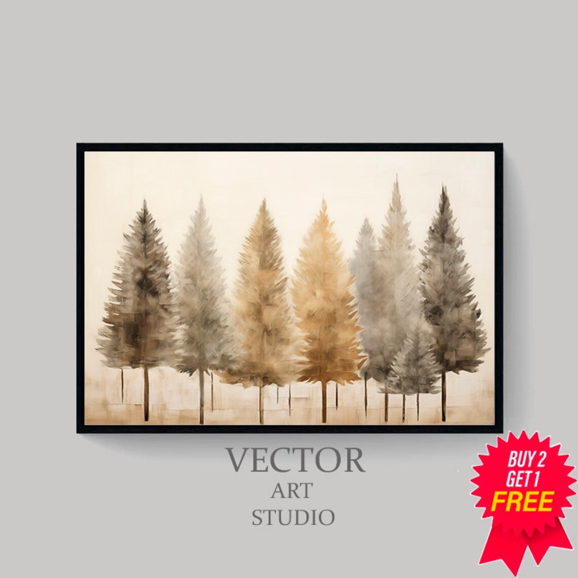 Row of Muted Watercolor Pine Trees in Beige and Gold Tones Poster - Image 4