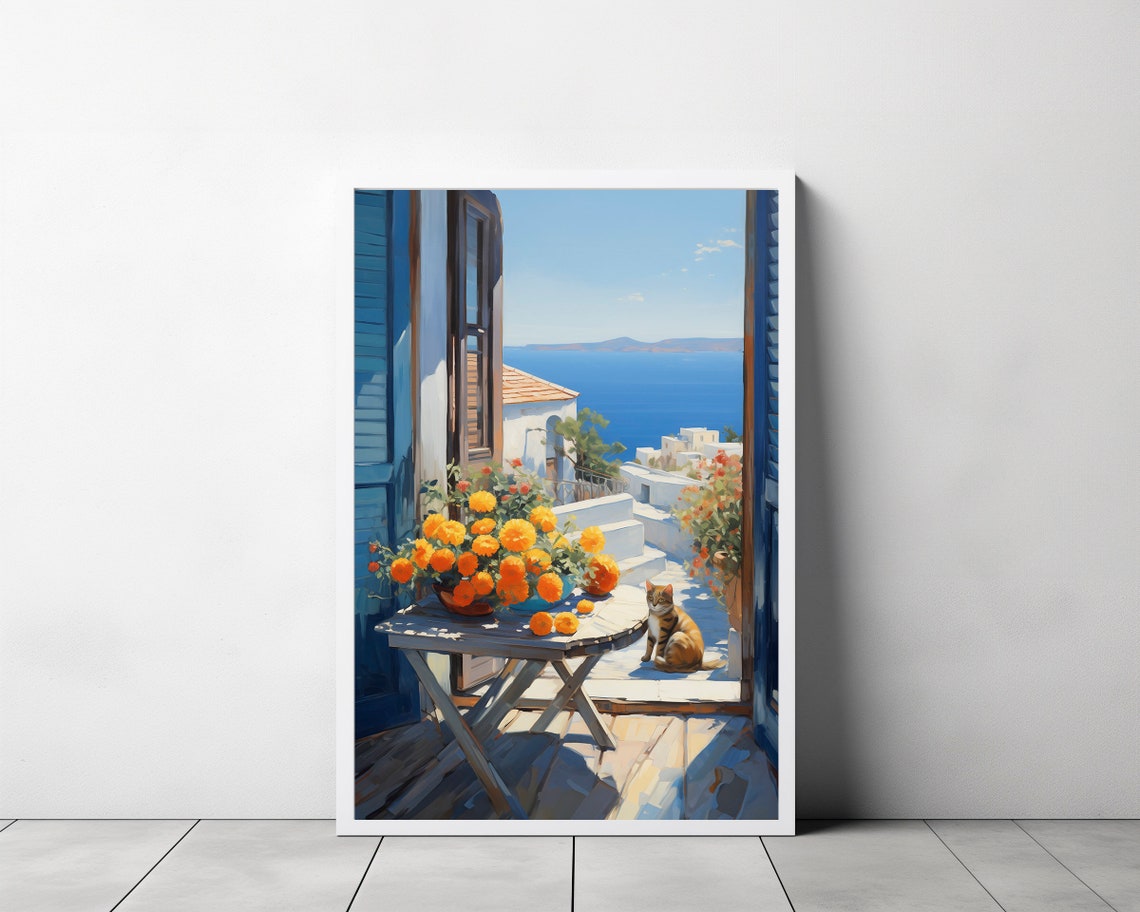 Coastal Window Cat Orange Flowers Sunny Sea Balcony View Poster - Image 3
