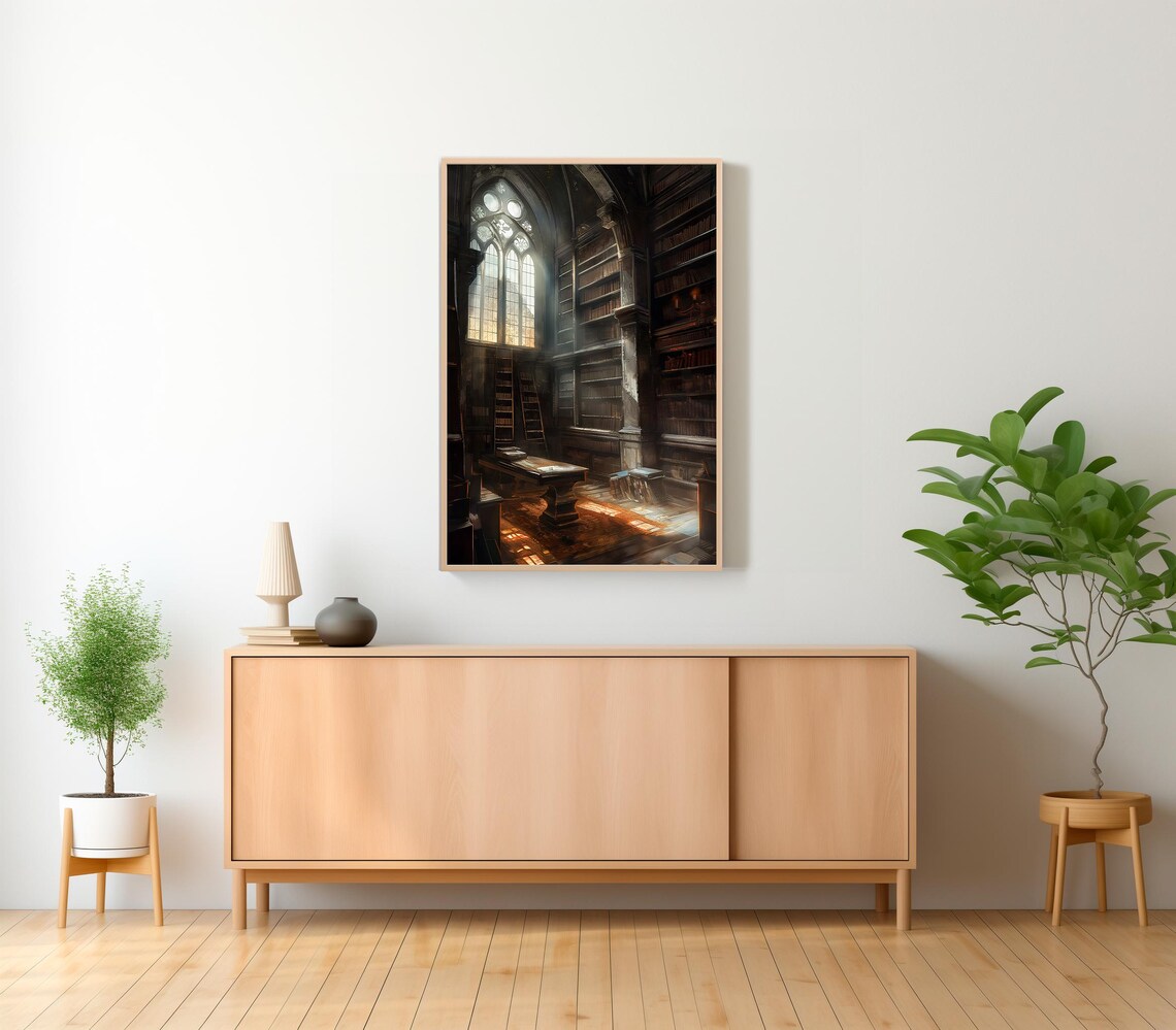 Tall Gothic Library Corner With Rolling Ladder And Glowing Window Poster - Image 2