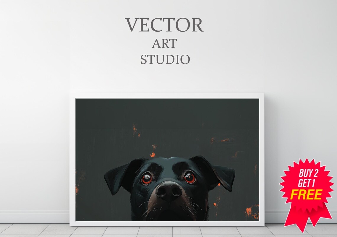 Peeking Black Dog with Big Expressive Amber Eyes on Dark Poster - Image 3
