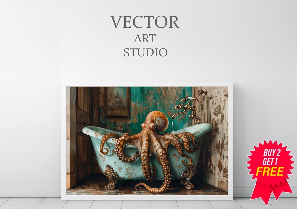 Octopus In The Bathtub Oil Painting Art Print - Image 3