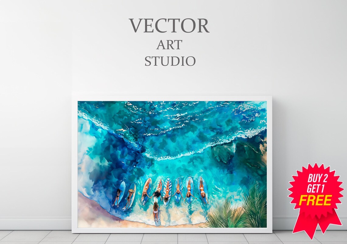 Aerial Surfer Girls Turquoise Ocean Pink Watercolor Coastal Poster - Image 3