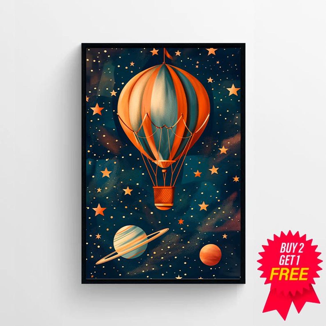 Hot Air Balloon Starry Night Sky Planets Kids Nursery Poster - Image 4