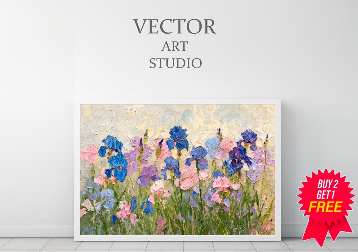 Blue And Pink Irises In Thick Impasto Spring Flower Art Poster - Image 3