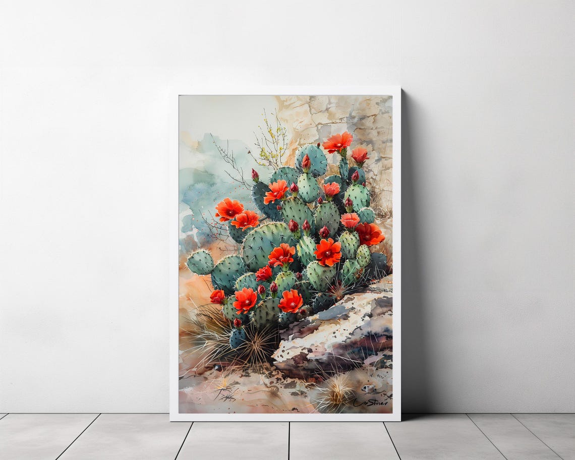 Red Blooming Prickly Pear Cactus by Rocky Cliff Watercolor Poster - Image 3